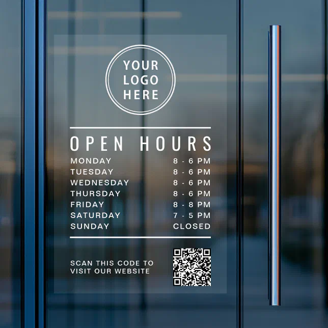 Open Hours QR Code Business Logo White Lettering Window Cling | Zazzle