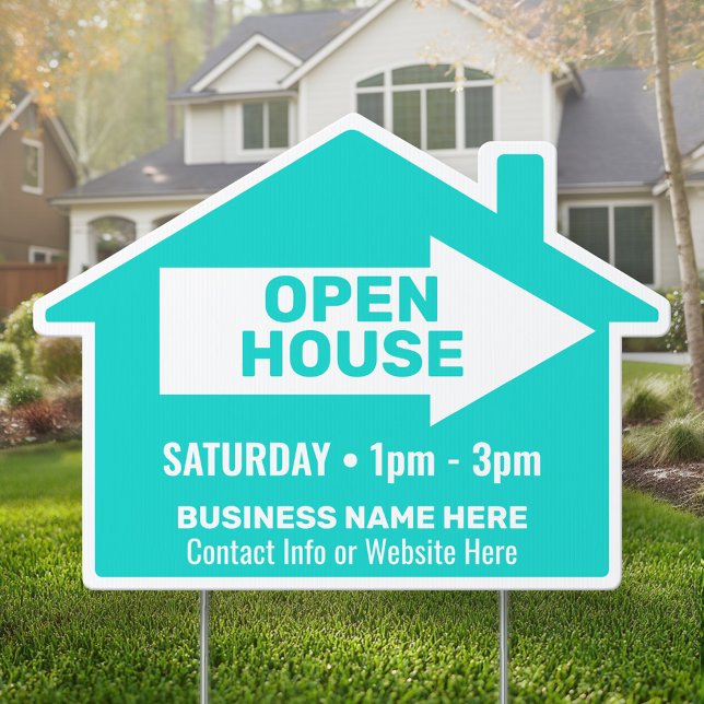 Open House - Aqua - Real Estate Directional Arrow Sign (Custom Real Estate Marketing - Open House Yard Sign)