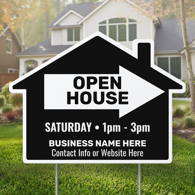 Open House - Black - Real Estate Directional Arrow Sign (Custom Real Estate Marketing - Open House Yard Sign)