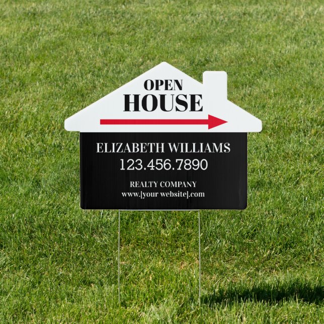 Open House Black White House Shaped Right Arrow Sign (Insitu)