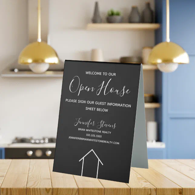 Open House Black White Real Estate Agent Custom Table Tent Sign 