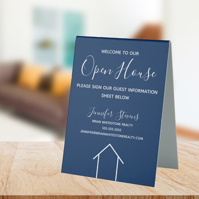 Open House Custom Real Estate Company Navy Blue Table Tent (Creator Uploaded)