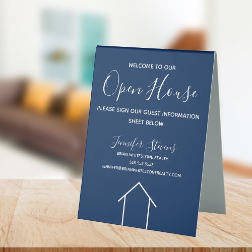 Open House Custom Real Estate Company Navy Blue Table Tent Sign