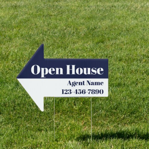 Open House Dark Blue and White Real Estate Arrow Sign