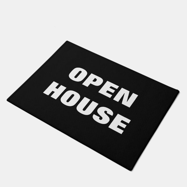 OPEN HOUSE doormat | black and white floor sign (Angled)
