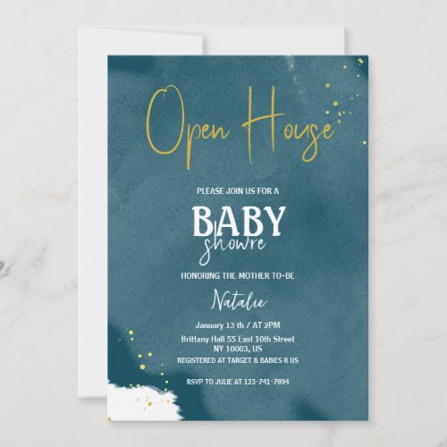  open house navy blue sprinkle gold baby shower invitation