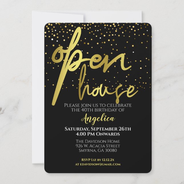 Open House Party Black Gold Invitation (Front)