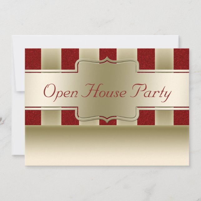 Open House Party | Red Glitter Gold Stripes Invitation (Front)