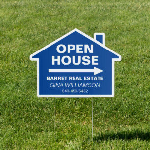 Open House Real Estate Arrow Custom Text Blue Sign
