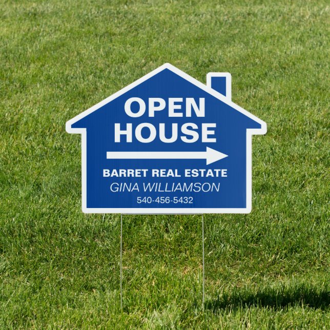 Open House Real Estate Arrow Custom Text Blue Sign (Insitu)