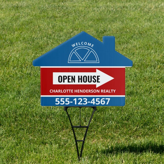Open House Real Estate Arrow Red Blue Welcome Sign (Insitu)