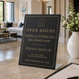 Open House Real Estate Black Gold Pedestal Sign