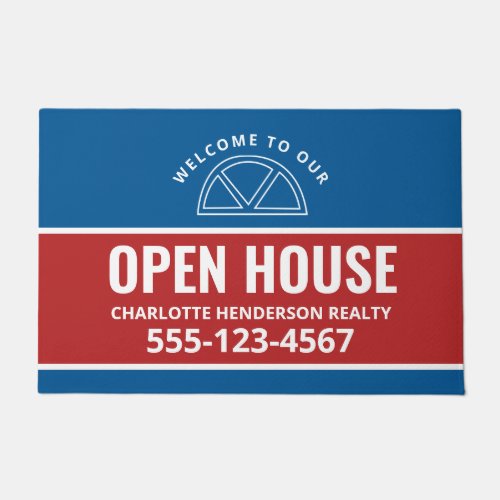 Open House Real Estate Red Blue Welcome Porch Sign Doormat
