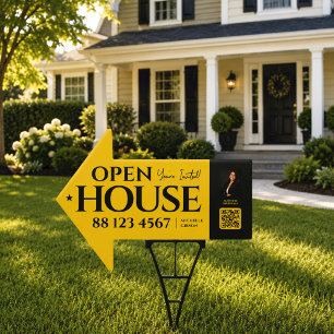 Open House Realtor Photo QR Code Yellow Black Yard Sign