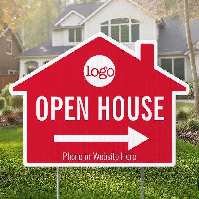 Open House Red Real Estate Logo Directional Arrow Sign (Custom Real Estate Open House Sign)