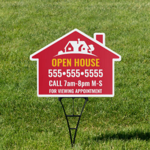OPEN HOUSE Stop Sign Red  White Gold House Icon