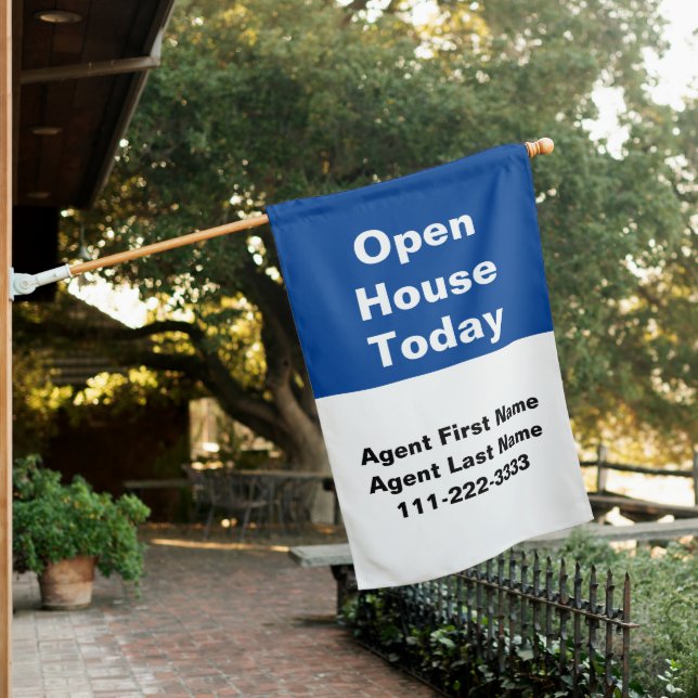 Open House Today Blue and White Text Real Estate Flag (In SItu)