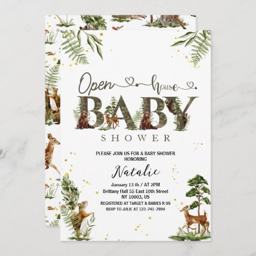 open house woodland forest animals baby shower invitation