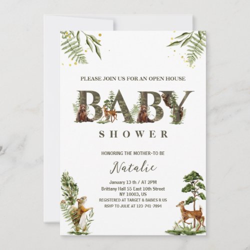 open house woodland forest animals baby shower invitation
