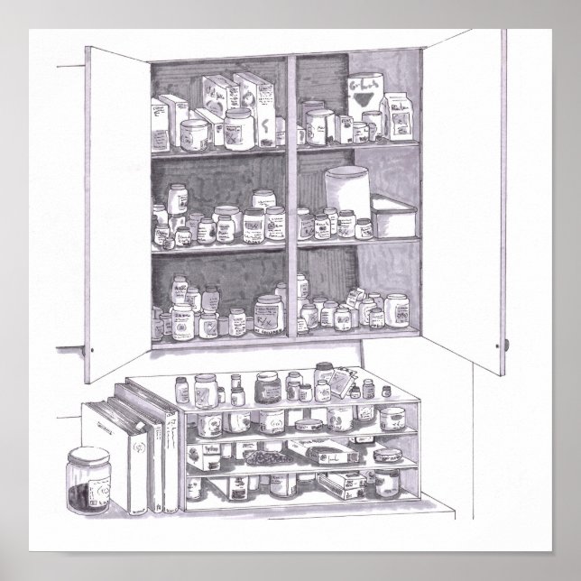 Open Kitchen Cabinet and Shelves Filled Various Poster (Front)