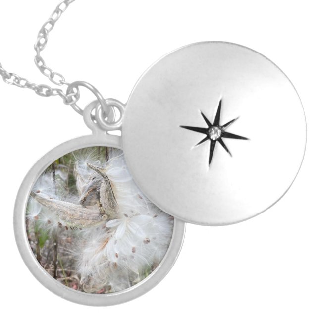 Open Milkweed Pods | Seeds with Silk | Locket Necklace (Front)