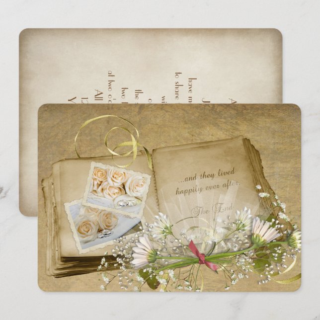 open old wedding scrapbook with bridal bouquet invitation (Front/Back)