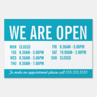 OPEN OPENING HOURS BUSINESS SIGN turquoise blue