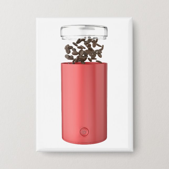 Open red electric coffee grinder with coffee beans button (Front)