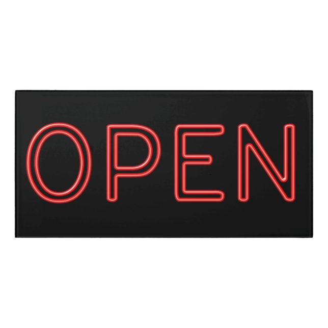 OPEN Red Neon Letters on Black Background Door Sign (Classic Front)