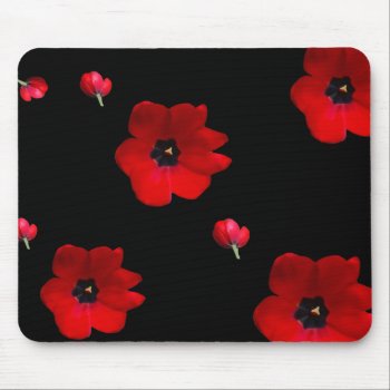 Open Red Tulips On Black Mouse Pad by MyZazzleFix_Office at Zazzle