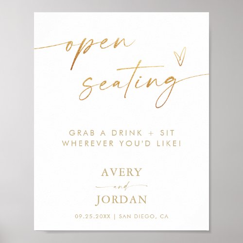 Open Seating Sign  Gold Foil Effect Wedding Sign