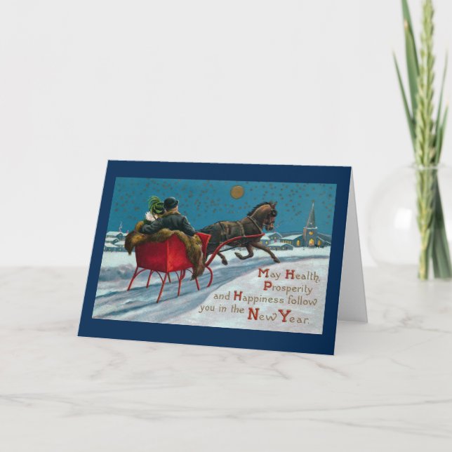 Open Sleigh Ride Vintage New Year Holiday Card (Front)