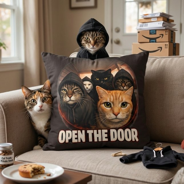 Open The Door Funny Cats in Hoodies Throw Pillow (Creator Uploaded)