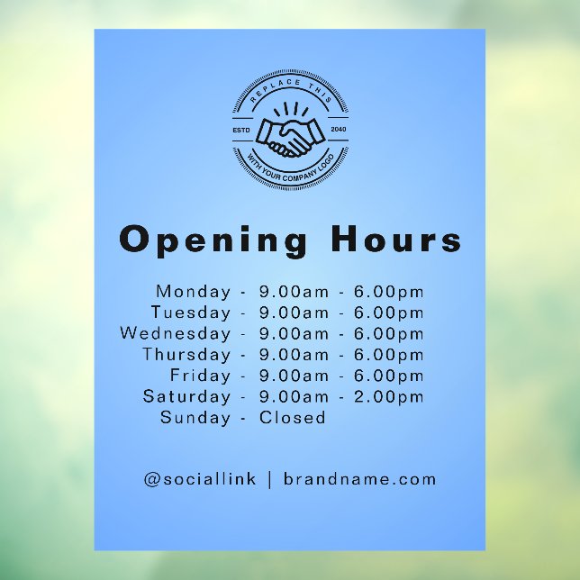 Open Times Business Logo Opening Hours Light Blue Window Cling (Sheet 3)