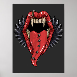 Open Vampire Mouth With Red Lips And Long Fangs Poster
