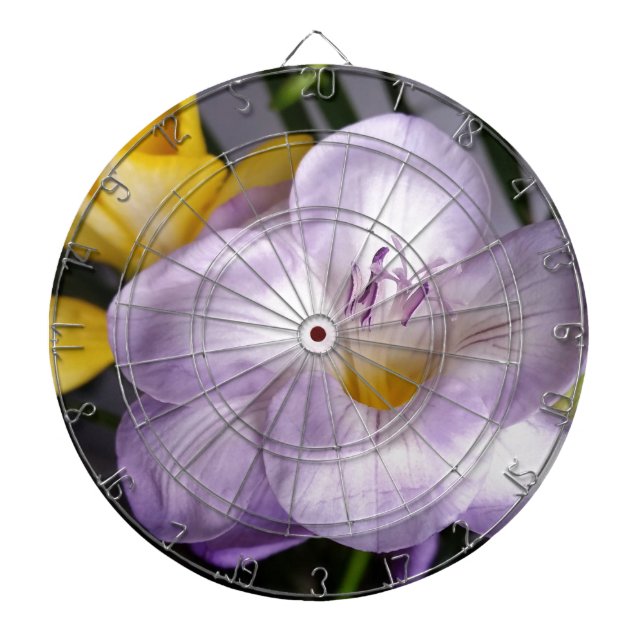 open violet freesia dartboard with darts (Front)