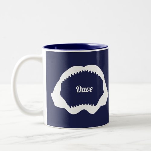 Open White Shark Jaws and Teeth on Navy Blue Two_Tone Coffee Mug