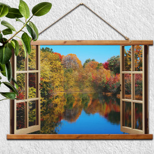 Open Window Autumn Lakeside  Hanging Tapestry