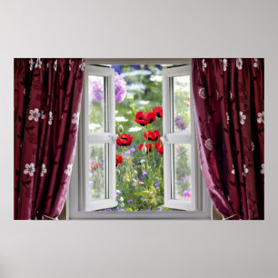 Open window view onto wild flower garden poster
