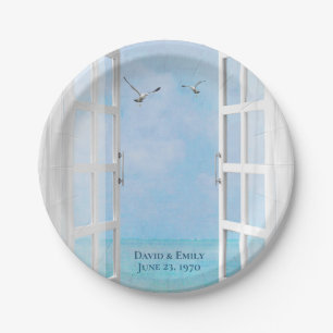 Open window with ocean view and seagulls paper plates