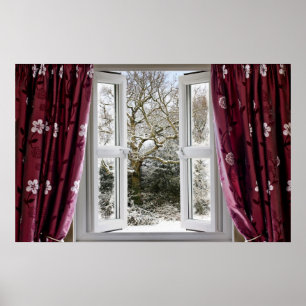 Open window with view to a snowy winter scene poster