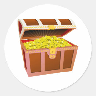 Open Wooden Treasure Chest with Shiny Gold Coins Classic Round Sticker