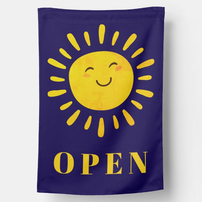 Open Yellow Dark Blue Shop Business Flag (Back)
