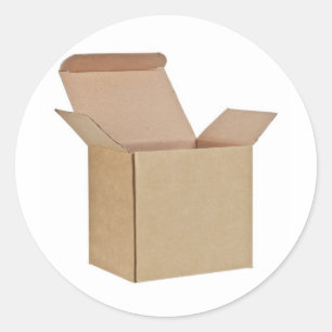 Opened cardboard box classic round sticker