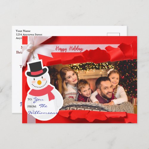 Opened Gift Reveals Family Photo Happy Holidays Postcard