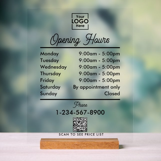 Opening Business Hours Logo Black Script Simple Acrylic Sign (Neutral)