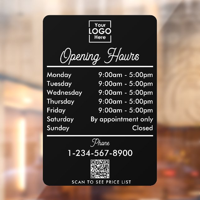 Opening Business Hours Logo White Black Script Window Cling (Sheet 2)