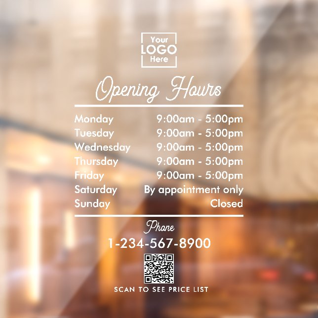 Opening Business Hours Logo White Script Simple Window Cling (Sheet 2)