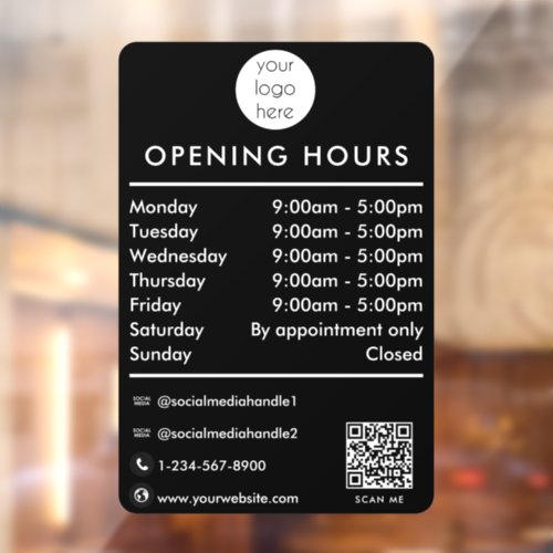 Opening Business Hours Times QR Code Logo Black Window Cling