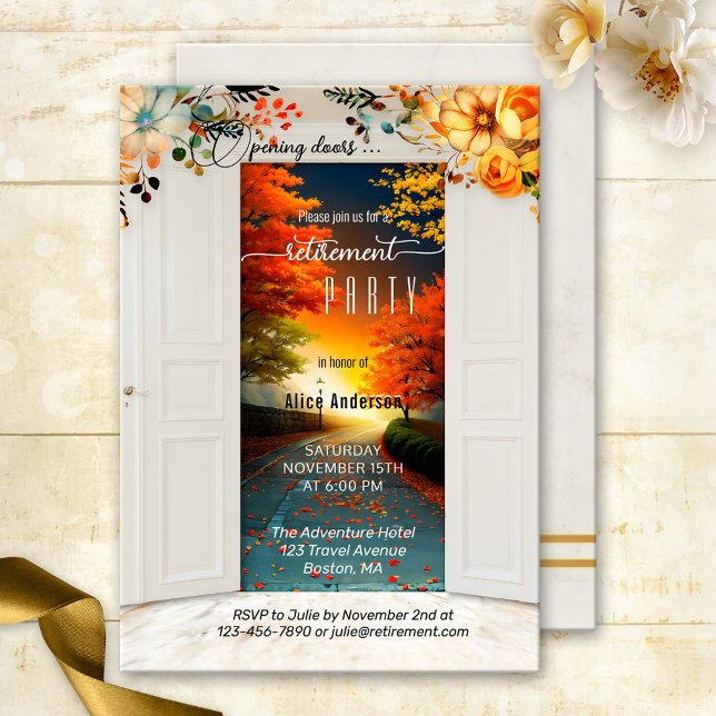 Opening Doors Autumn Retirement Party Invitation (Retirement party invitation featuring an image of opening doors showing a road to a colorful future)